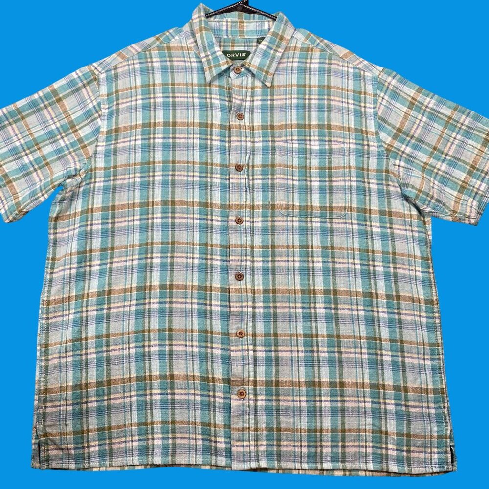 Orvis Mens Size XL Active Fit Plaid Short Sleeve Shirt 100% Cotton Summer Wear